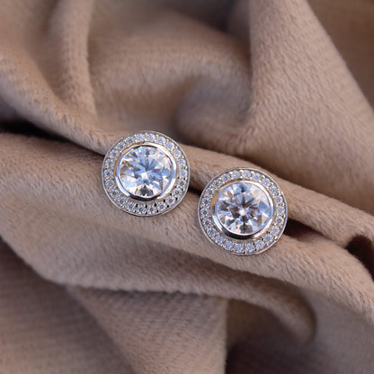 Silver Moissanite Stud Earrings for Her, Solitaire Halo Stud Earrings, Round Stone Earrings, Round Cut Earrings, 925 Sterling Silver Studs