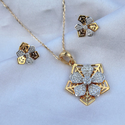 Yellow Gold Diamond Jewelry Set, 18k Gold Pendant Earring Set, Floral Design Classic Jewelry, Gold Chain Pendant with Stud Earrings for Her