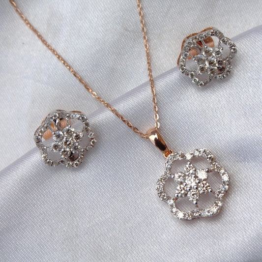 Floral Shape Gold Diamond Jewelry Set, 18k Rose Gold Chain Pendant with Stud Earrings, Real Diamond Bridal Jewelry Set for Wedding Gift