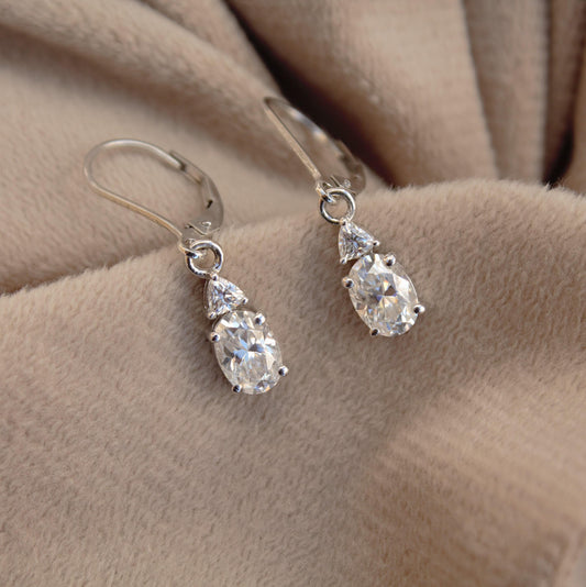 Oval and Trillion Cut Moissanite Earrings, 925 Sterling Silver Lever Back Earrings, Vintage Style Minimalist Earrings, White Stone Earrings