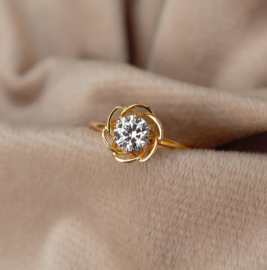 0.75 Carat Lab Grown Diamond Solitaire Ring, 14K Gold Ring, Flower Shape Engagement Ring, 6 MM Round Diamond Ring, Wedding Gift for Brides
