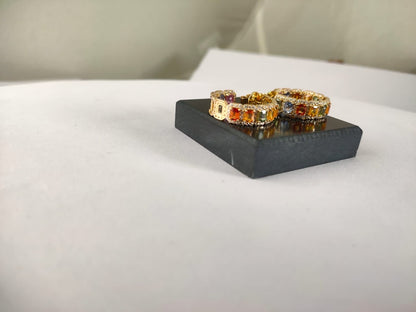 Natural Multi Sapphire Hoops Earring, Rainbow Sapphire & Moissanite Melee Stones Jewelry, Rainbow Ombre Gold Earrings, Huggies Earrings Gift