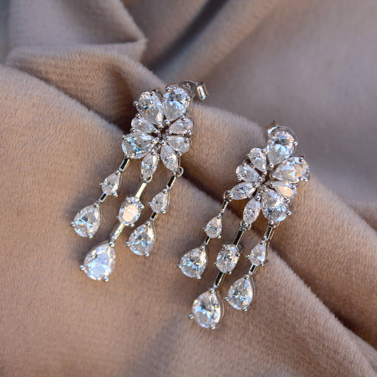 925 Sterling Silver Designer Earrings, Unique Moissanite Stud Dangle Earrings, Pear Cut Stone Earrings for Bride, Perfect for Wedding Gift