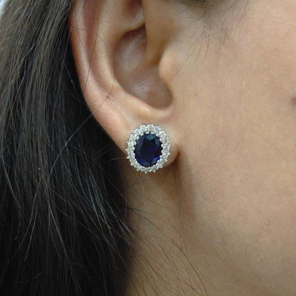 Oval Blue Sapphire with Natural Diamond Jewelry Set, Solitaire Halo Pendant with Stud Earrings, 18k White Gold Jewelry Set Gift for Women