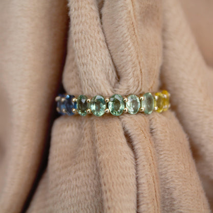 Rainbow Sapphire Eternity Band, 10K White Gold Ring, Full Eternity Ring, Trendy Stackable Band, Natural Multi Stone Ring, Gift for Women