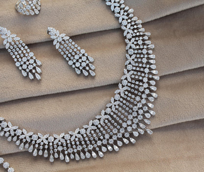 Statement Silver Necklace Set, Cubic Zirconia Choker Necklace With Earrings-Ring- Bracelet- Luxury Silver CZ Jewelry Set For Valentines Day