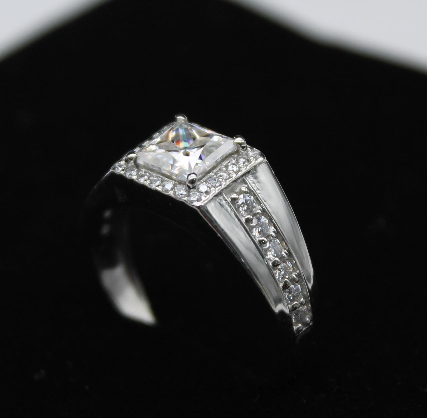 925 Sterling Silver Ring, Men's Moissanite Ring, Engagement Ring For Him, D Color VVS Moissanite Ring, Princess Cut Moissanite Halo Ring