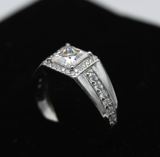 925 Sterling Silver Ring, Men's Moissanite Ring, Engagement Ring For Him, D Color VVS Moissanite Ring, Princess Cut Moissanite Halo Ring