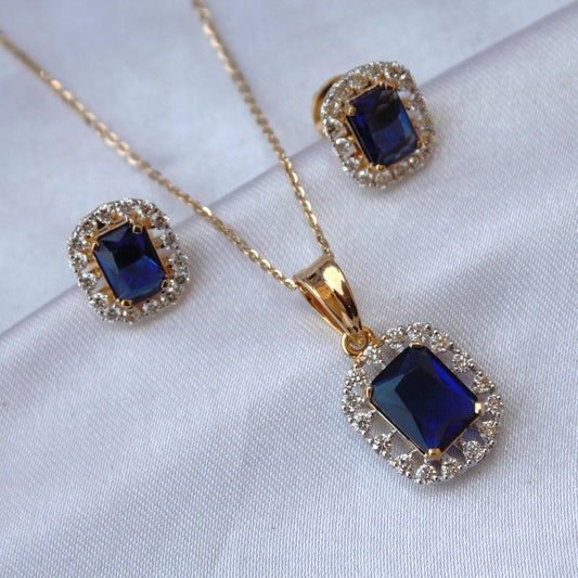 Emerald Cut Blue Sapphire with Real Diamonds Jewelry Set, Solitaire Halo Pendant with Stud Earrings, 18k Yellow Gold Jewelry Set for Bride