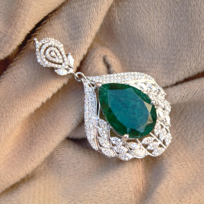 Green Emerald Inclusion with Moissanite Pendant, Statement Halo Pendant, Pear Shape 925 Sterling Silver Pendant for Special Occasion