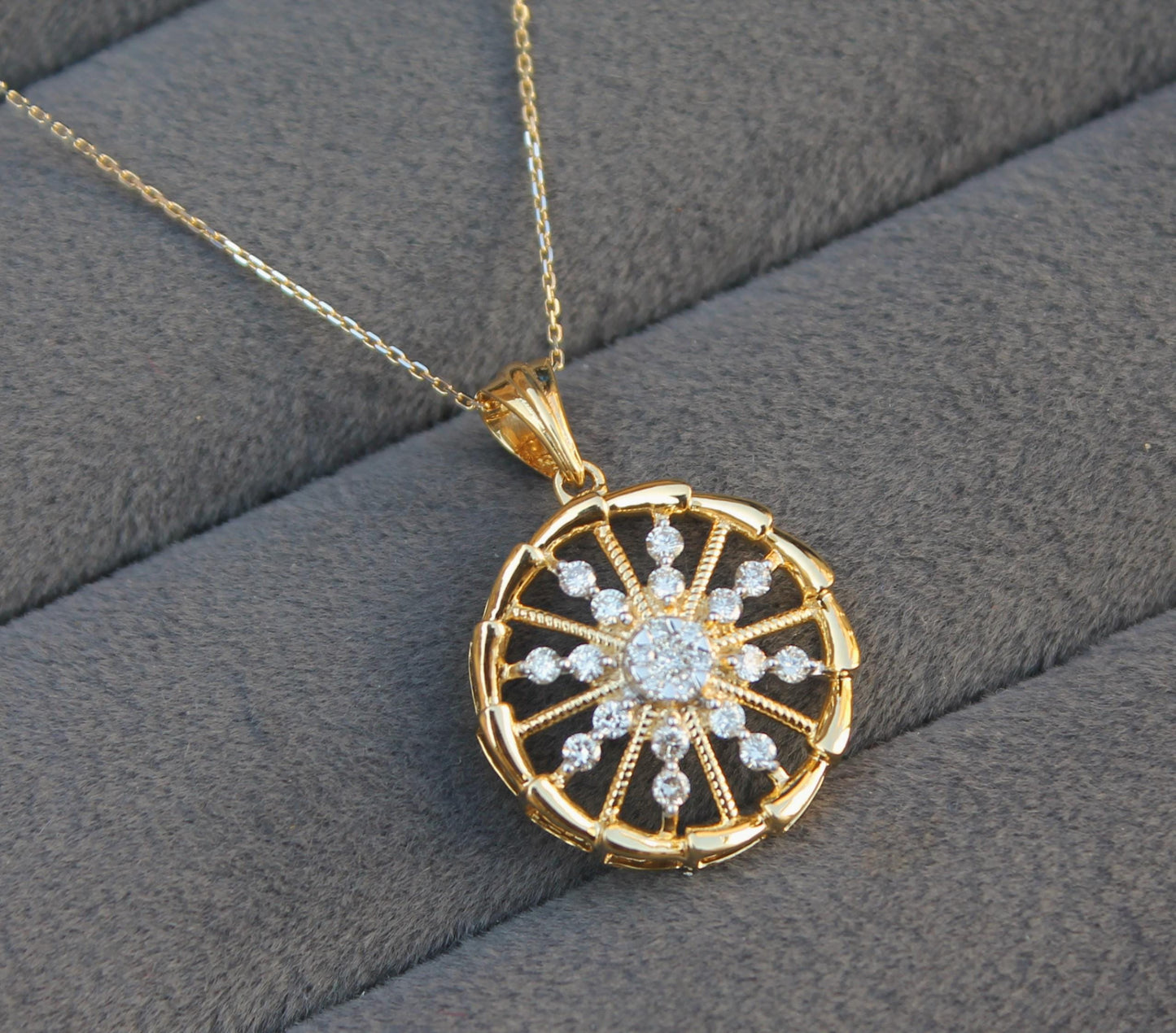 Yellow Gold Round Diamond Pendant Earring, Ready To Ship, 18K Gold Diamond Jewelry, Beautiful Diamond Jewelry Set For Anniversary Gift