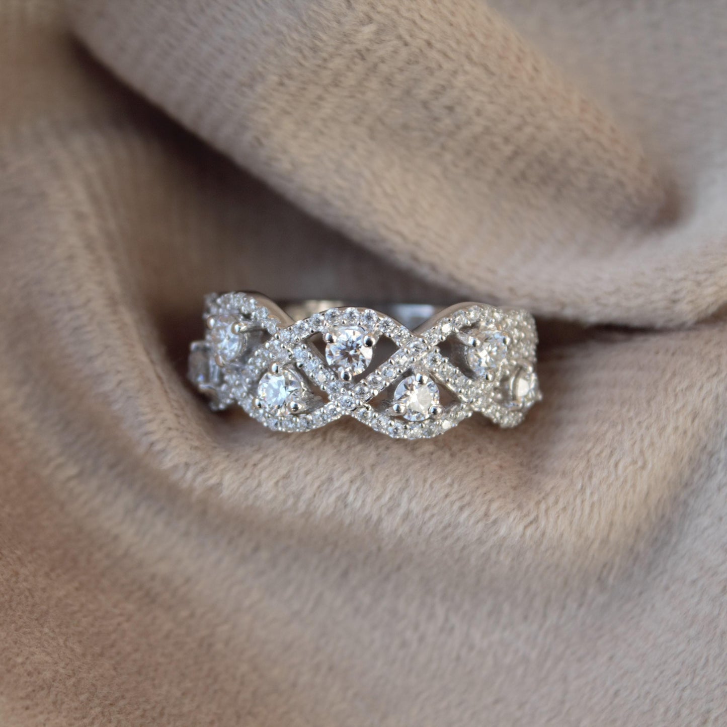 Moissanite Wedding/Engagement Band, 925 Sterling Silver Designer Ring for Bride, Statement Silver Jewelry, Moissanite Jewelry for Her US 8