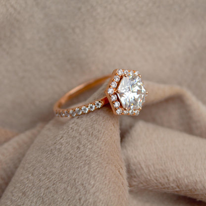 14K Rose Gold Moissanite Ring, Hexagon Ring, Art Deco Wedding Ring, Promise Ring, Vintage Halo Ring, Delicate Moissanite Gold Ring For Wife