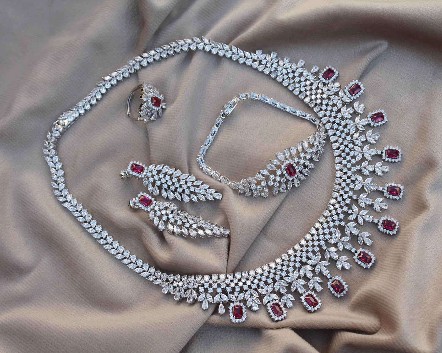 Luxurious Bridal Jewelry Set, Cubic Zirconia with Synthetic Ruby Jewelry, 925 Sterling Silver Necklace With Earrings, Ring, Bracelet Set