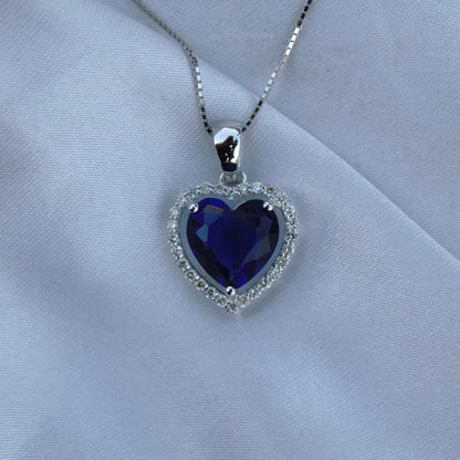 Heart Shape Blue Sapphire with Natural Diamond Jewelry Set, Solitaire Halo Pendant with Stud Earrings, 18k White Gold Jewelry Set for Girls