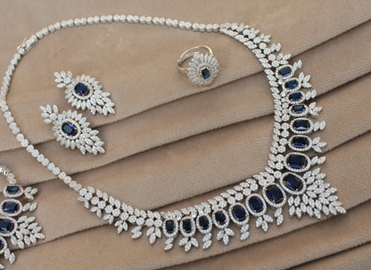 925 Sterling Silver CZ Jewelry Set, Synthetic Sapphire Choker Necklace Set for Women, Statement Bridal Necklace with Earrings-Ring-Bracelet