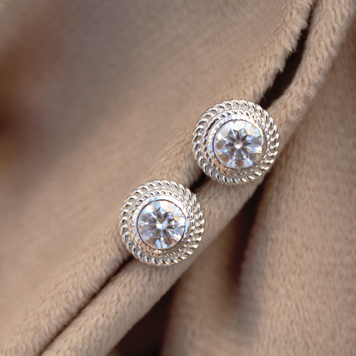 Round Moissanite Bezel Setting Earrings, Push Back Minimalist Silver Earrings, Anniversary Gift for Wife, Designer Solitaire Stud Earrings