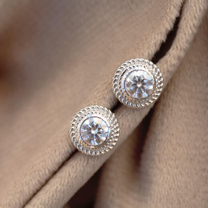 Round Moissanite Bezel Setting Earrings, Push Back Minimalist Silver Earrings, Anniversary Gift for Wife, Designer Solitaire Stud Earrings