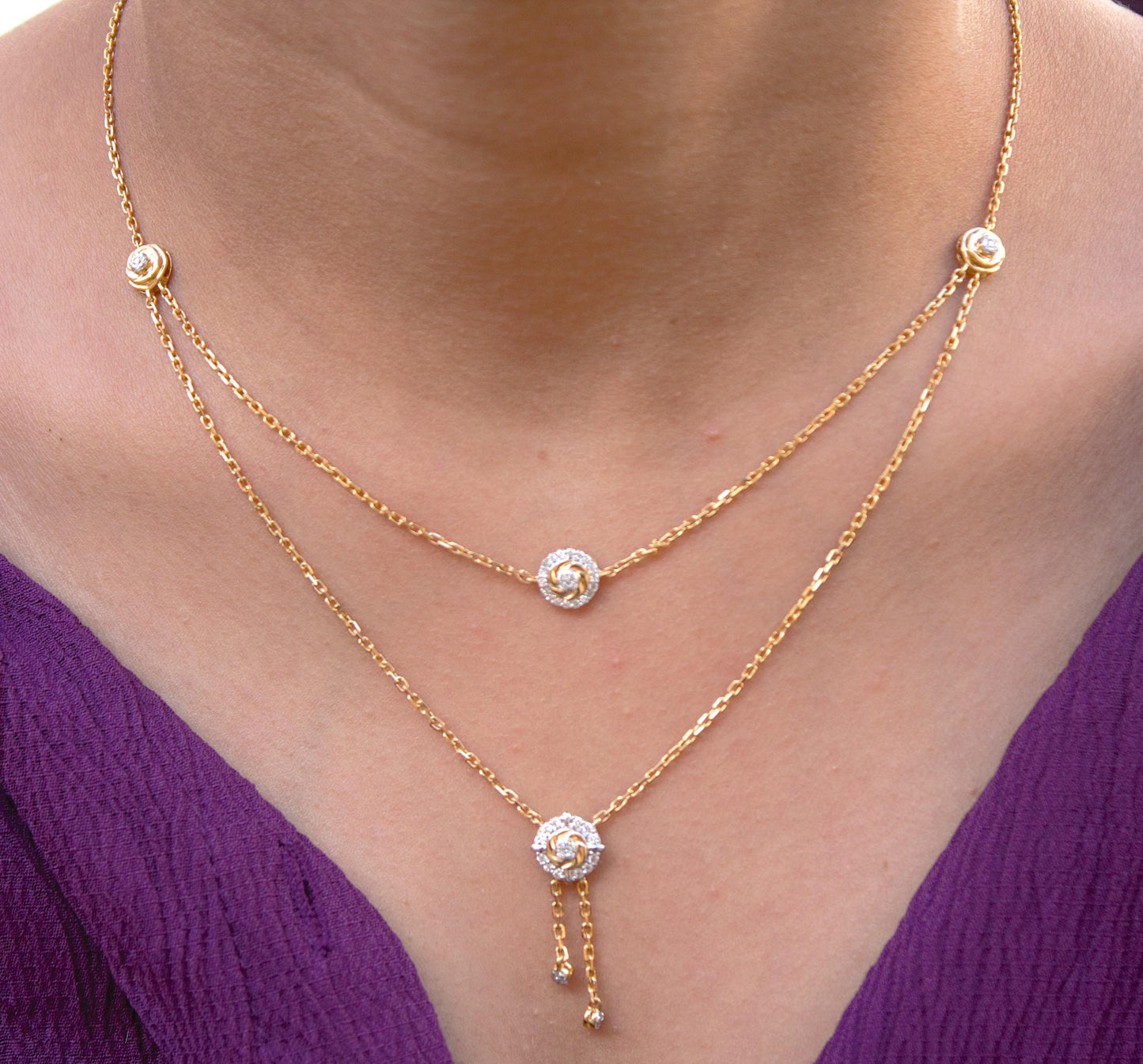 14k Solid Yellow Gold Double Layered Necklace, IGI Certified Gold Diamond Layering Necklace, 16 Inch Timeless Gold Necklace,Delicate Jewelry