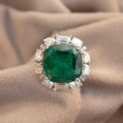 Cushion Emerald Inclusion with Moissanite Ring, Green Gemstone Silver Jewelry, 925 Silver Statement Ring For Anniversary Gift
