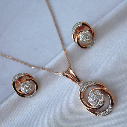 Natural Diamond Pendant Earrings Set, 18k Rose Gold Bridal Jewelry Set, Minimalist Oval Shape Pendant with Stud Earrings, Gift for Women