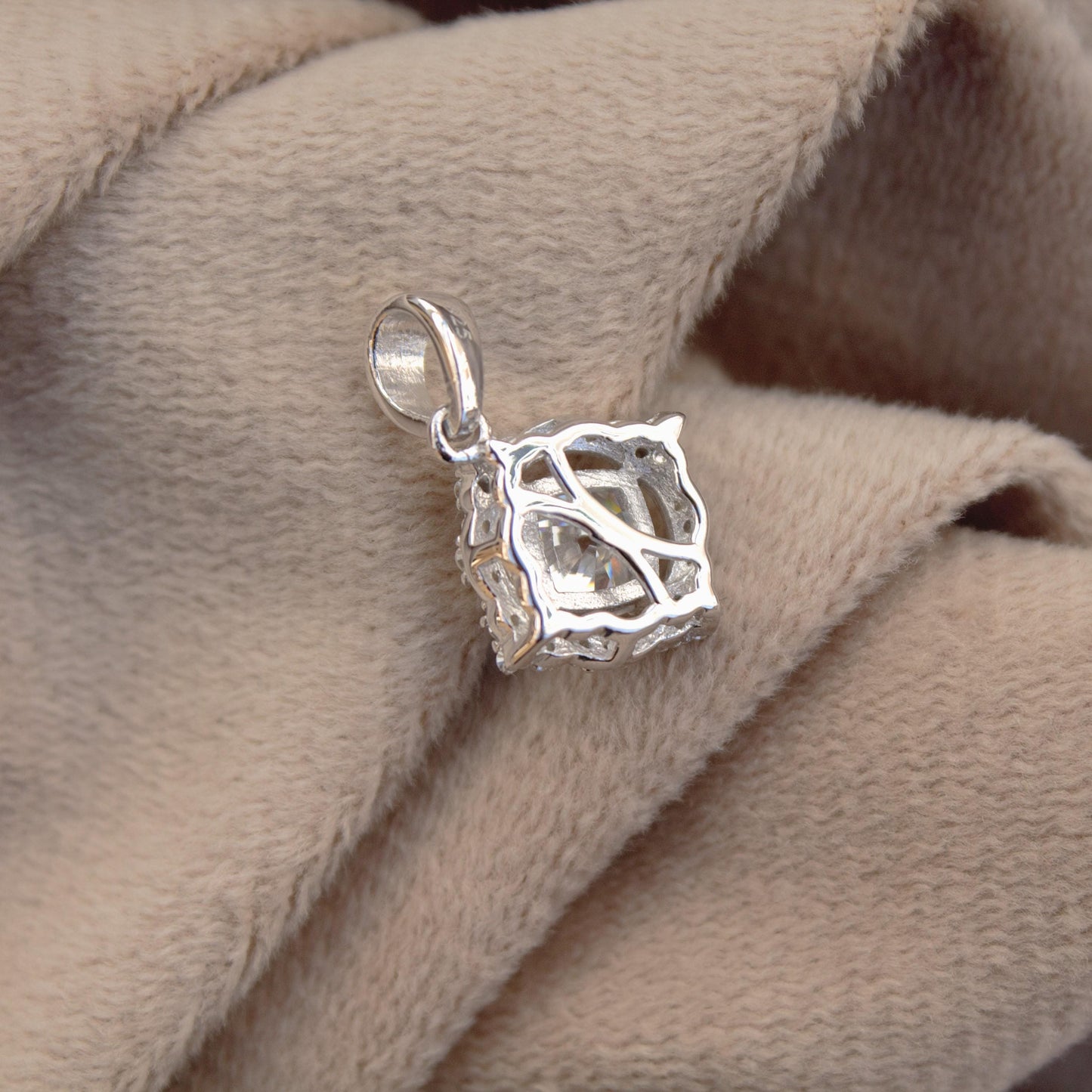 Sterling Silver Cluster Moissanite Pendant, 925 Silver Cushion Shape Pendant, Solitaire Halo Pendant , Silver Loop Pendant for Chain, Gift