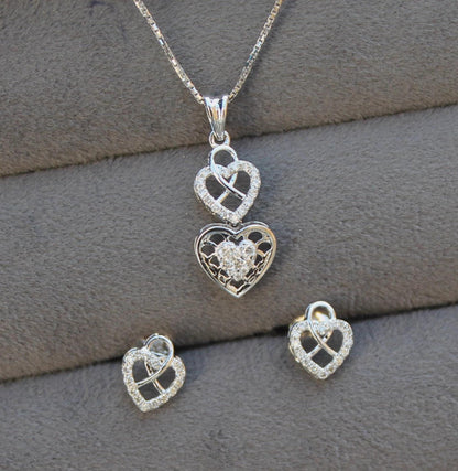 Heart Shape White Gold Pendant Earrings Set, Perfect Gift For Valentines Day, Natural Diamond Gold Jewelry Set, 18k Gold Pendant With Chain