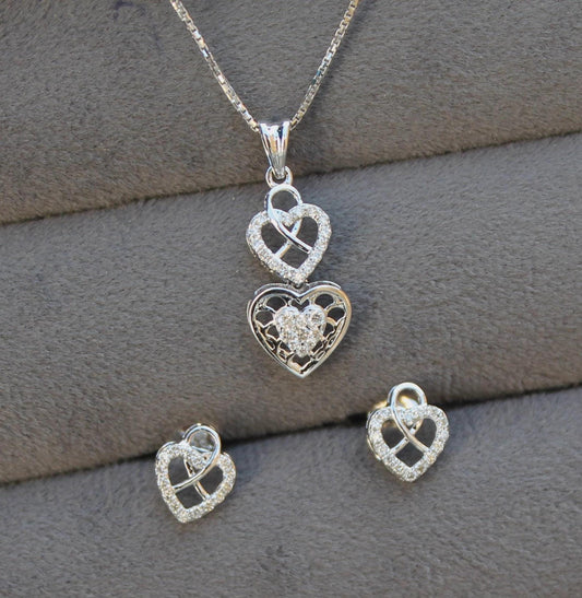 Heart Shape White Gold Pendant Earrings Set, Perfect Gift For Valentines Day, Natural Diamond Gold Jewelry Set, 18k Gold Pendant With Chain