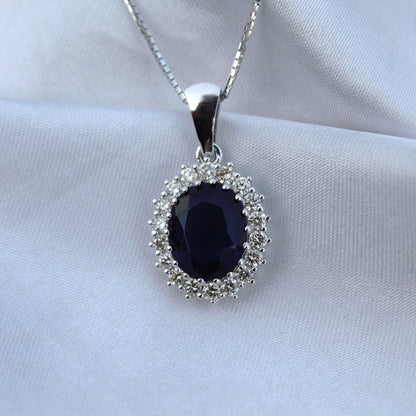 Oval Blue Sapphire with Natural Diamond Jewelry Set, Solitaire Halo Pendant with Stud Earrings, 18k White Gold Jewelry Set Gift for Women