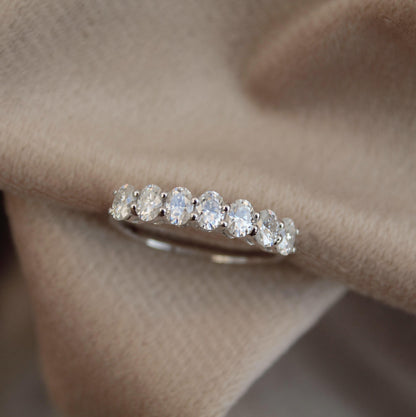 Silver Half Eternity Ring Band with Moissanite, 925 Sterling Silver Ring, Wedding Eternity Band, Oval Cut Moissanite Band for Men and Women