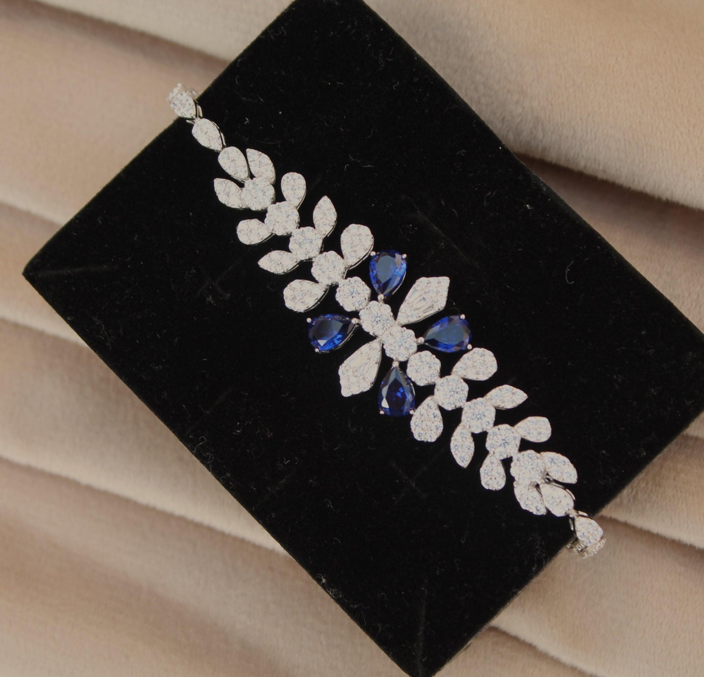 Silver CZ Necklace Set, 925 Sterling Silver Necklace with Earrings- Ring- Bracelet, CZ Stones with Synthetic Sapphire Bridal Jewelry Set