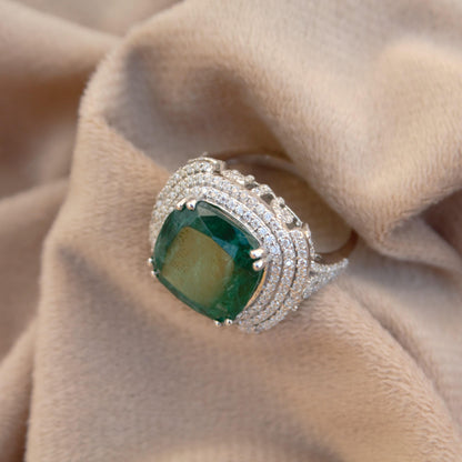 Green Inclusion Emerald with Moissanite Ring, 925 Sterling Silver Vintage Prong Set Ring, Victorian Style Ring, Halo Ring, Perfect for Gift