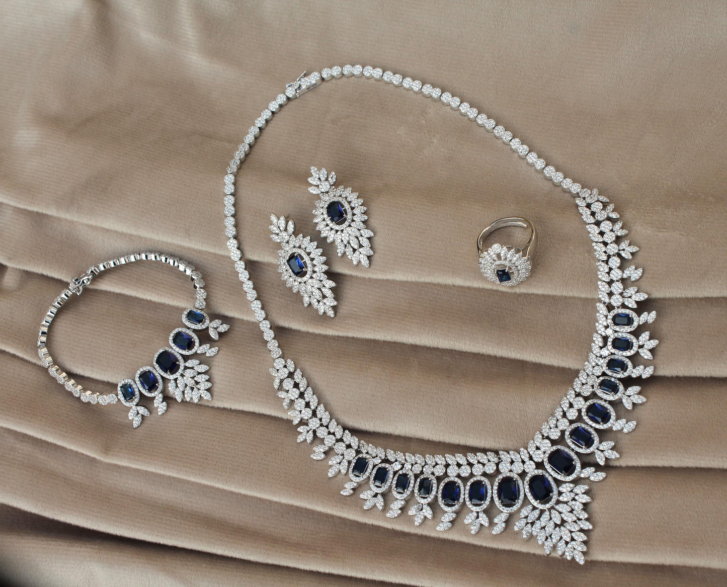 925 Sterling Silver CZ Jewelry Set, Synthetic Sapphire Choker Necklace Set for Women, Statement Bridal Necklace with Earrings-Ring-Bracelet