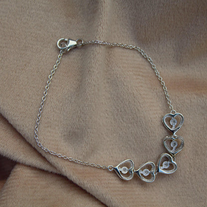 Heart Shape Moissanite Bracelet, 925 Sterling Silver Bracelet for Her, Link Chain Silver Heart Bracelet, Perfect Gift for Valentines Day