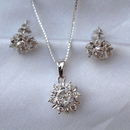 Solid White Gold Solitaire Jewelry Set, 18k Gold Real Diamonds Jewelry, Charm Pendant Necklace with Stud Earrings, Minimalist Handmade Gift
