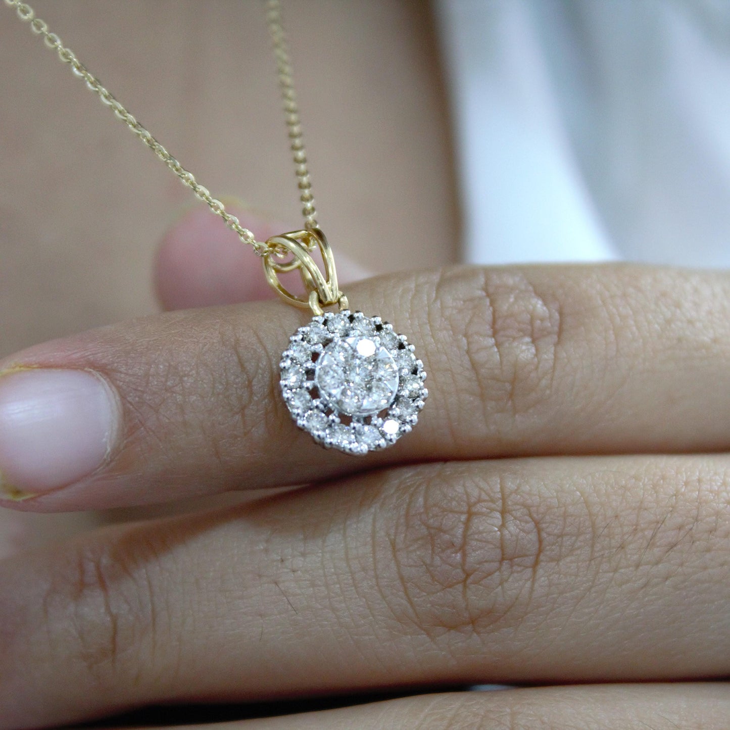 18K Gold Halo Solitaire Pendant Necklace, Real Diamond Jewelry Bridal Necklace, Dainty Gold Jewelry, Chain Necklace For Wedding Gift