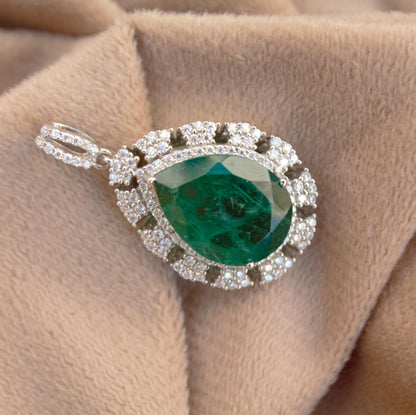 Pear Cut Green Emerald Inclusion with Moissanite Pendant, 925 Sterling Silver Statement Pendant, Delicate Green Stone Pendant for Chain