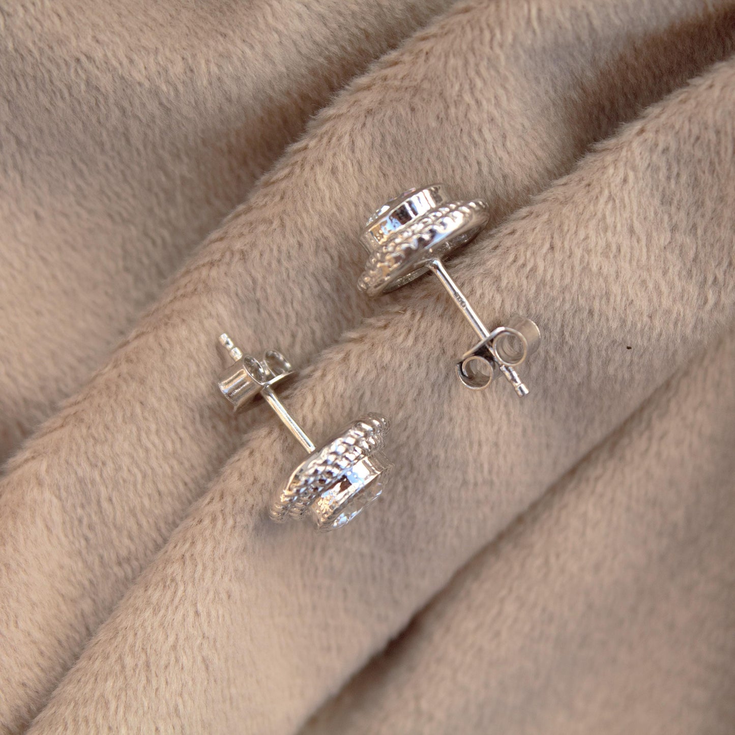 Round Moissanite Bezel Setting Earrings, Push Back Minimalist Silver Earrings, Anniversary Gift for Wife, Designer Solitaire Stud Earrings