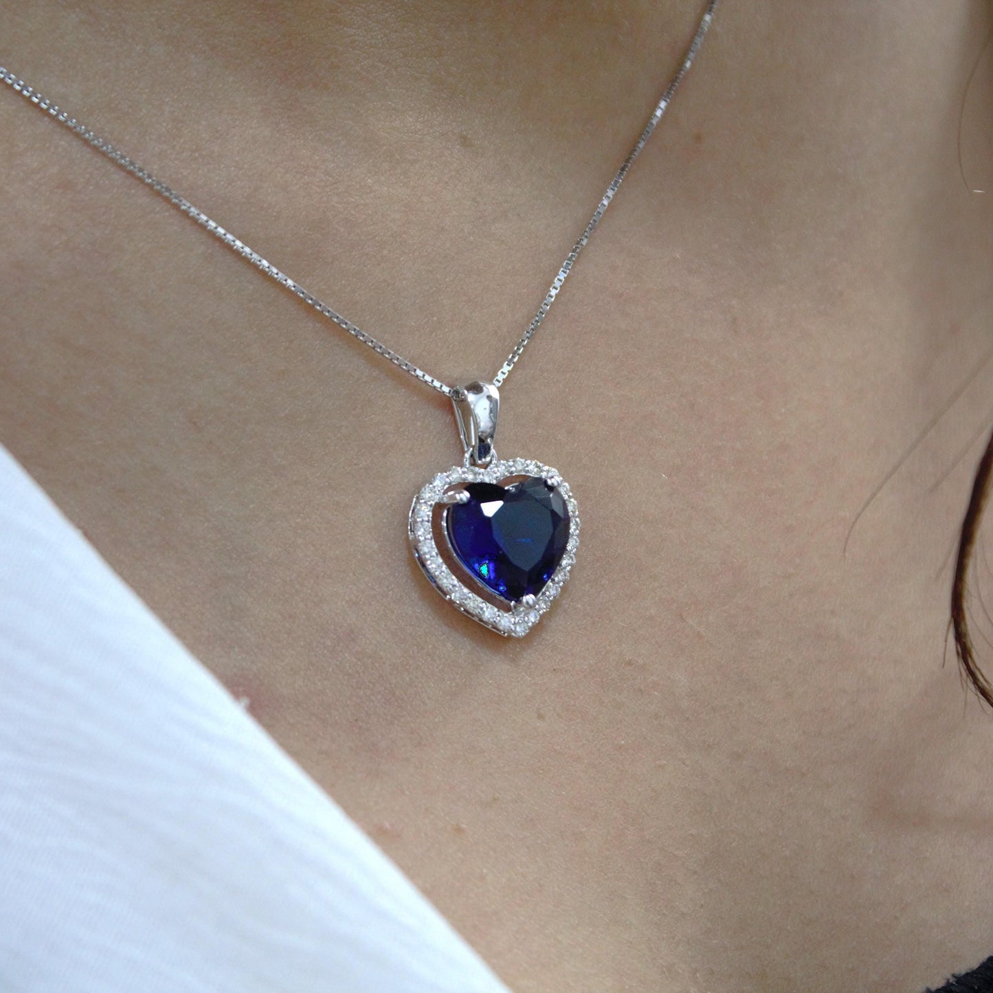 Heart Shape Blue Sapphire with Natural Diamond Jewelry Set, Solitaire Halo Pendant with Stud Earrings, 18k White Gold Jewelry Set for Girls