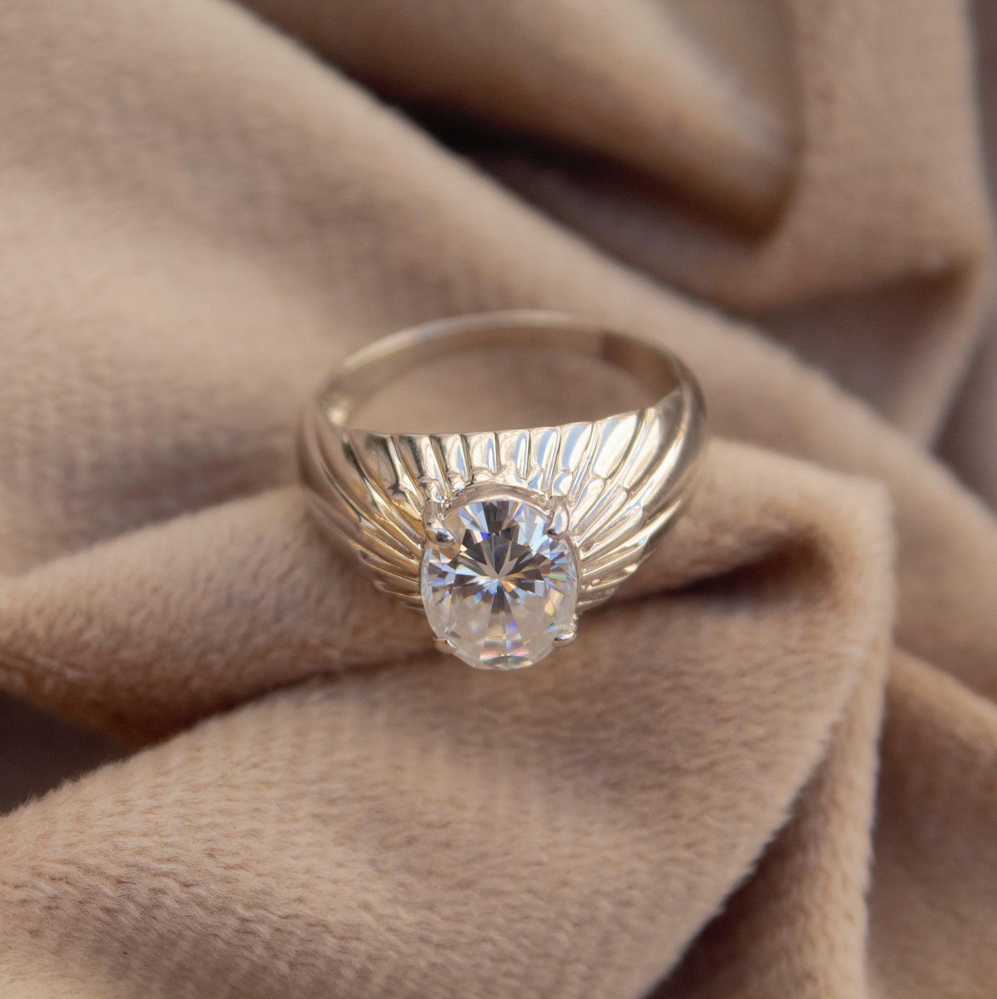 925 Sterling Silver Dome Ring with Moissanite, Oval Cut White Stone Ring, Bohemian Ethnic Ring for Men and Women, Vintage Timeless Jewelry