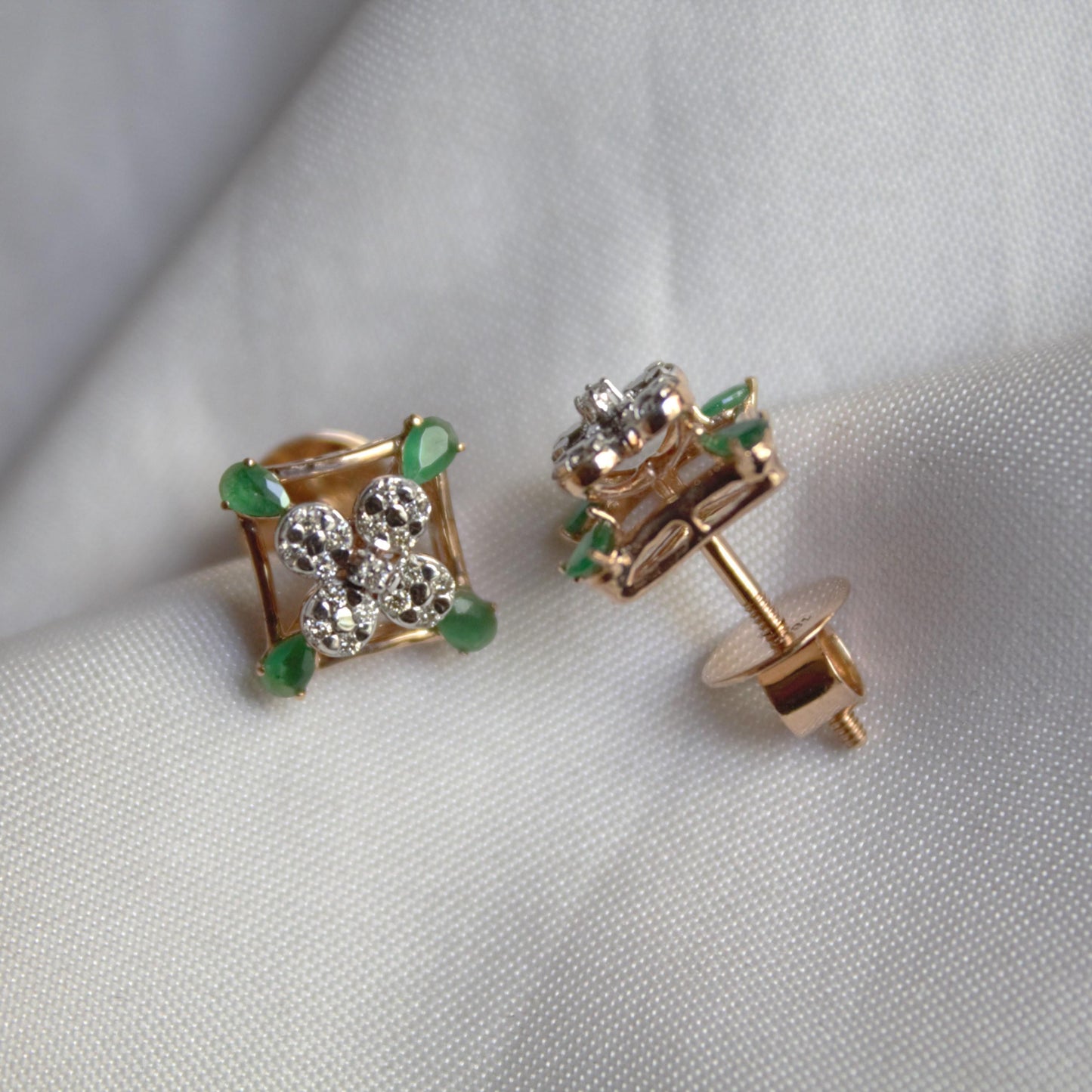 18K Gold Diamond Stud Earrings and Necklace, Charm Handmade Bridal Jewelry Set, Green Emerald Jewelry, Minimalist Wedding Gift for Women