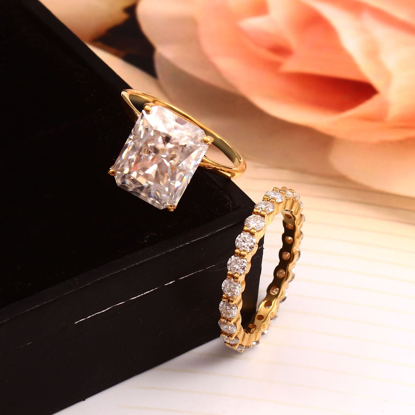 Radiant & Round Moissanite Gold Ring/ Moissanite Bridal Wedding Ring Set/ Matching Full Eternity Moissanite Band/ Hidden Halo Ring