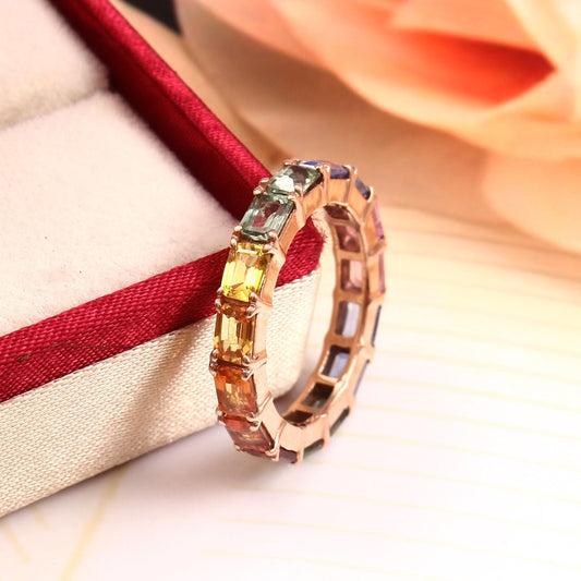 Multi Sapphire Gold Band, Rainbow Sapphire Emerald Cut, Full Eternity Band, Engagement Rainbow Ring, Natural Sapphires Eternity Band For Her