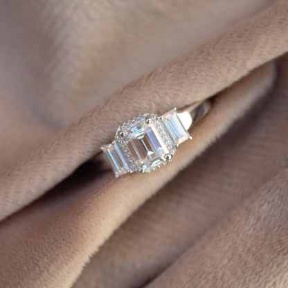 Luxurious Emerald Cut Moissanite Halo Engagement Ring, 925 Silver Ring, Art Deco Proposal Ring Gift, Romantic Proposal Ring or Birthday Gift