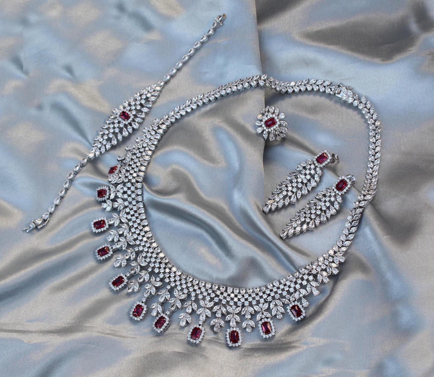 Luxurious Bridal Jewelry Set, Cubic Zirconia with Synthetic Ruby Jewelry, 925 Sterling Silver Necklace With Earrings, Ring, Bracelet Set