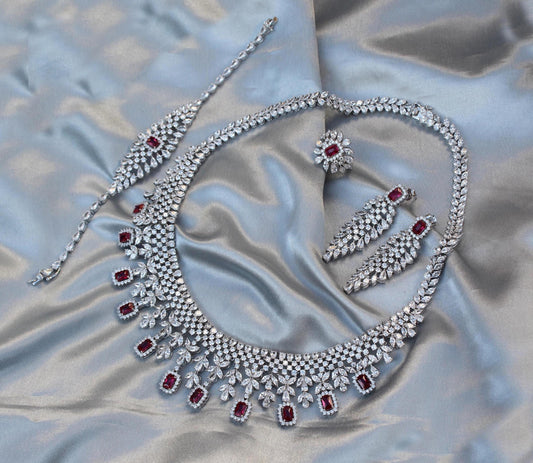 Luxurious Bridal Jewelry Set, Cubic Zirconia with Synthetic Ruby Jewelry, 925 Sterling Silver Necklace With Earrings, Ring, Bracelet Set
