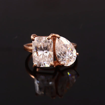 Double Stone Gold Moissanite Ring\ Prong Setting Ring\ Elegant Ethical Moissanite Jewelry\ Pear & Radiant toi et moi ring\ Two Stone Ring