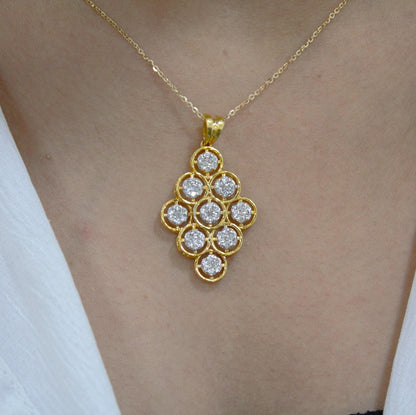 18k Gold Diamond Necklace Earring Set, Classic Handmade Bridal Jewelry Set, Designer Wedding Gift, Real Diamond Pendant with Stud Earrings