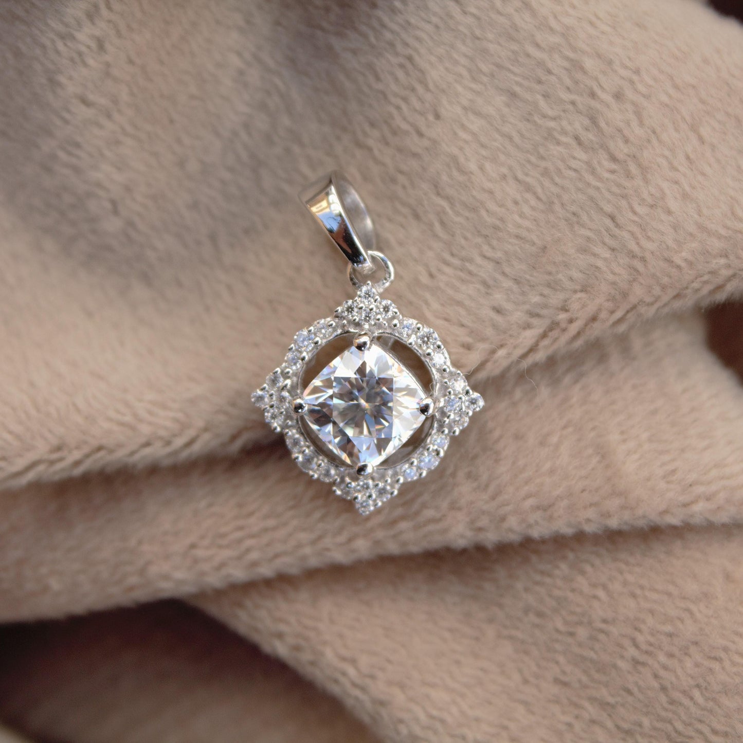 Sterling Silver Cluster Moissanite Pendant, 925 Silver Cushion Shape Pendant, Solitaire Halo Pendant , Silver Loop Pendant for Chain, Gift