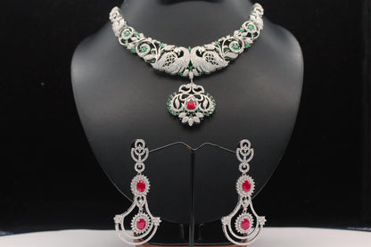 Victorian Style Necklace Earring Set, Peacock Design Bridal Necklace, Beautiful Anniversary Gift For Wife, Rare Indian Designer Jewelry Set